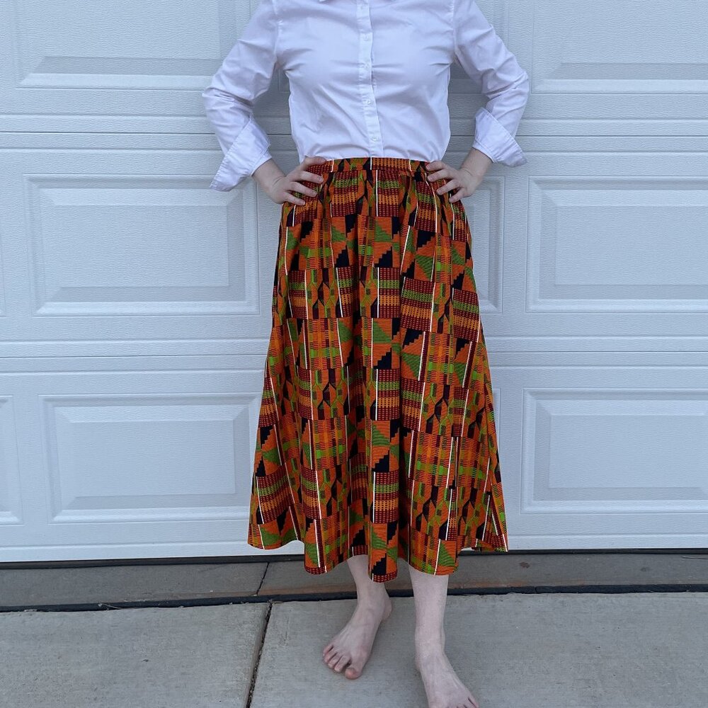 Tribal Print Midi Skirt M L Orange African Kitenge Print, Ethnic Maxi Chic Queen